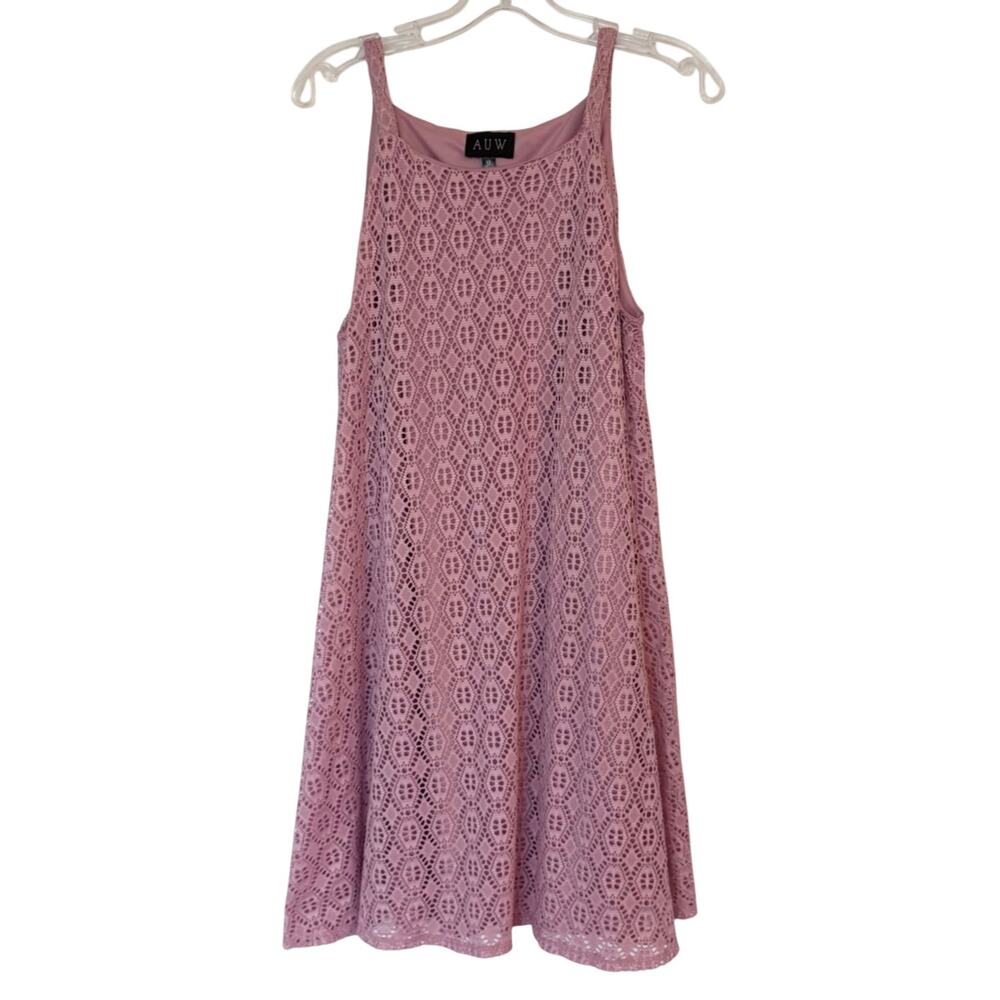 AUW Mauve Pink Lace Sleeveless Shift Dress Mini Dress Eyelet Size 12 (Bin 11)